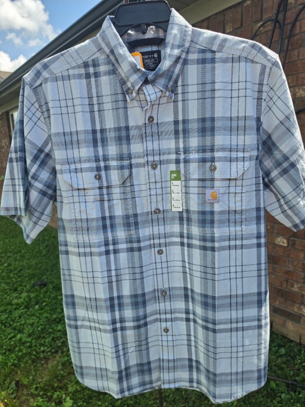 NEW Carhartt Plaid Shirt Mens Large Blue Loose Fit Short Sleeve TW4625-M